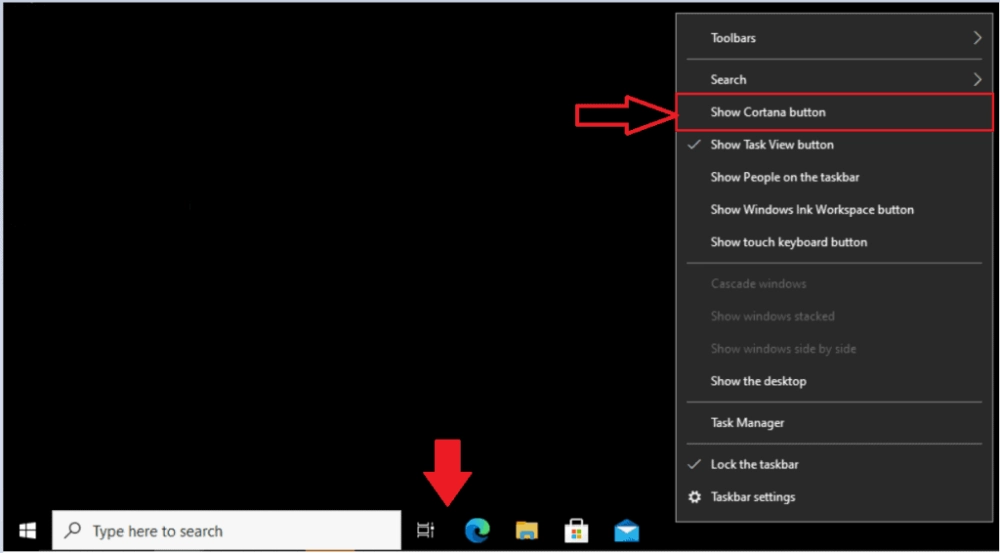 Thanh Taskbar với menu chuột phải, hiển thị tùy chọn ẩn thanh tìm kiếm Cortana